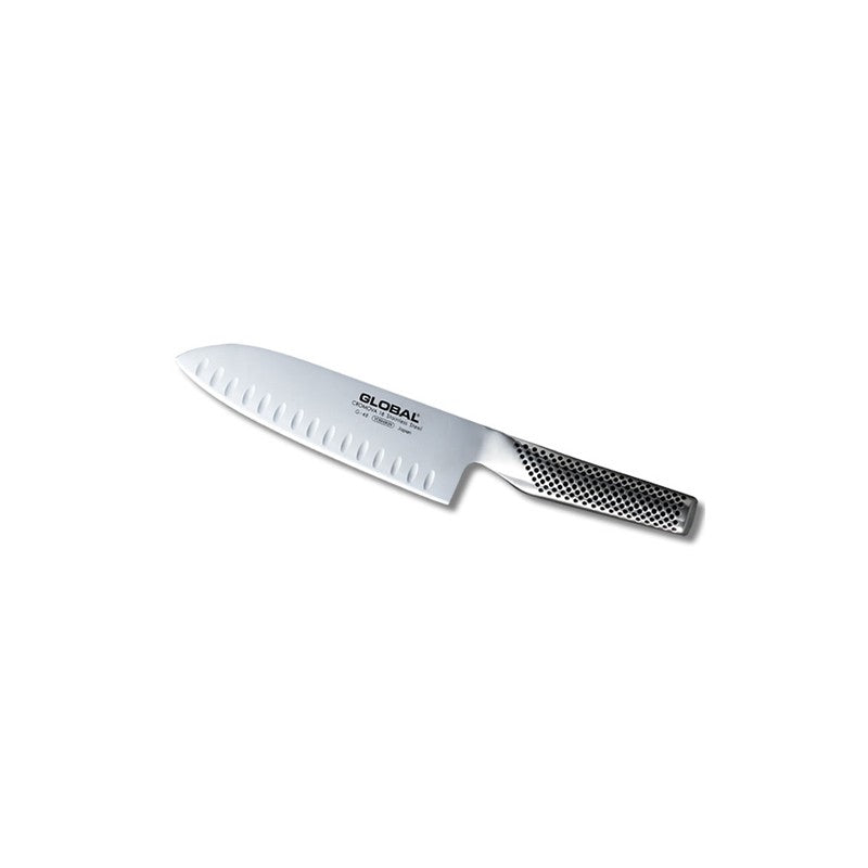 Cuchillo santoku Global G-80 hoja alveolada 18 cm Serie G, vista completa fondo blanco