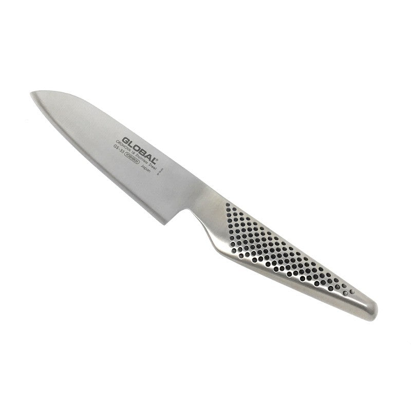 Vista frontal del cuchillo santoku Global GS-35 Serie GS con hoja compacta de 13 cm