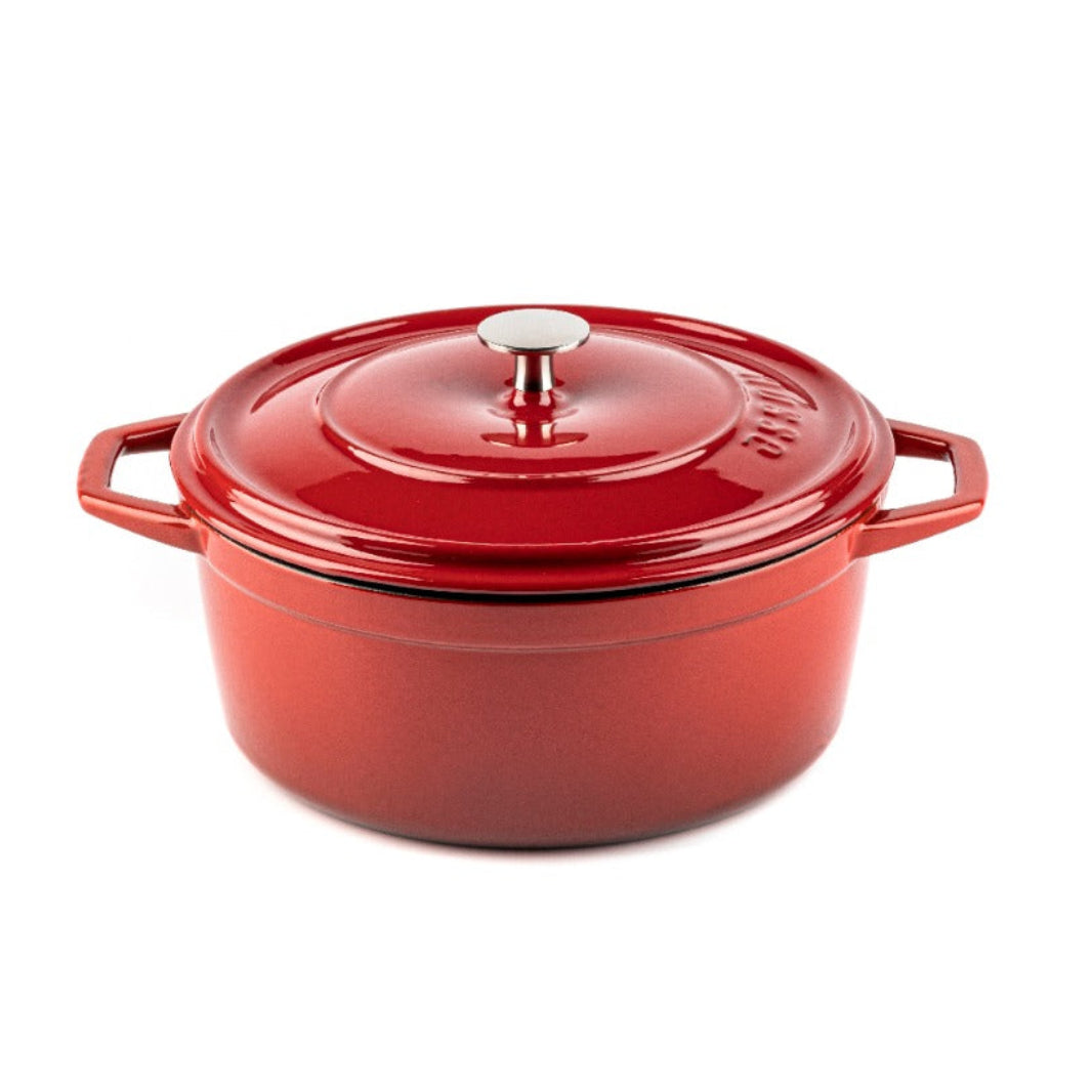 Detalle cocotte roja Hosse hierro fundido esmaltado tapa y asas laterales
