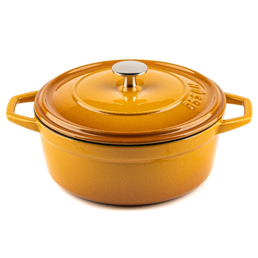 Detalle tapa cocotte amarilla Hosse hierro fundido sistema condensación auto-riego