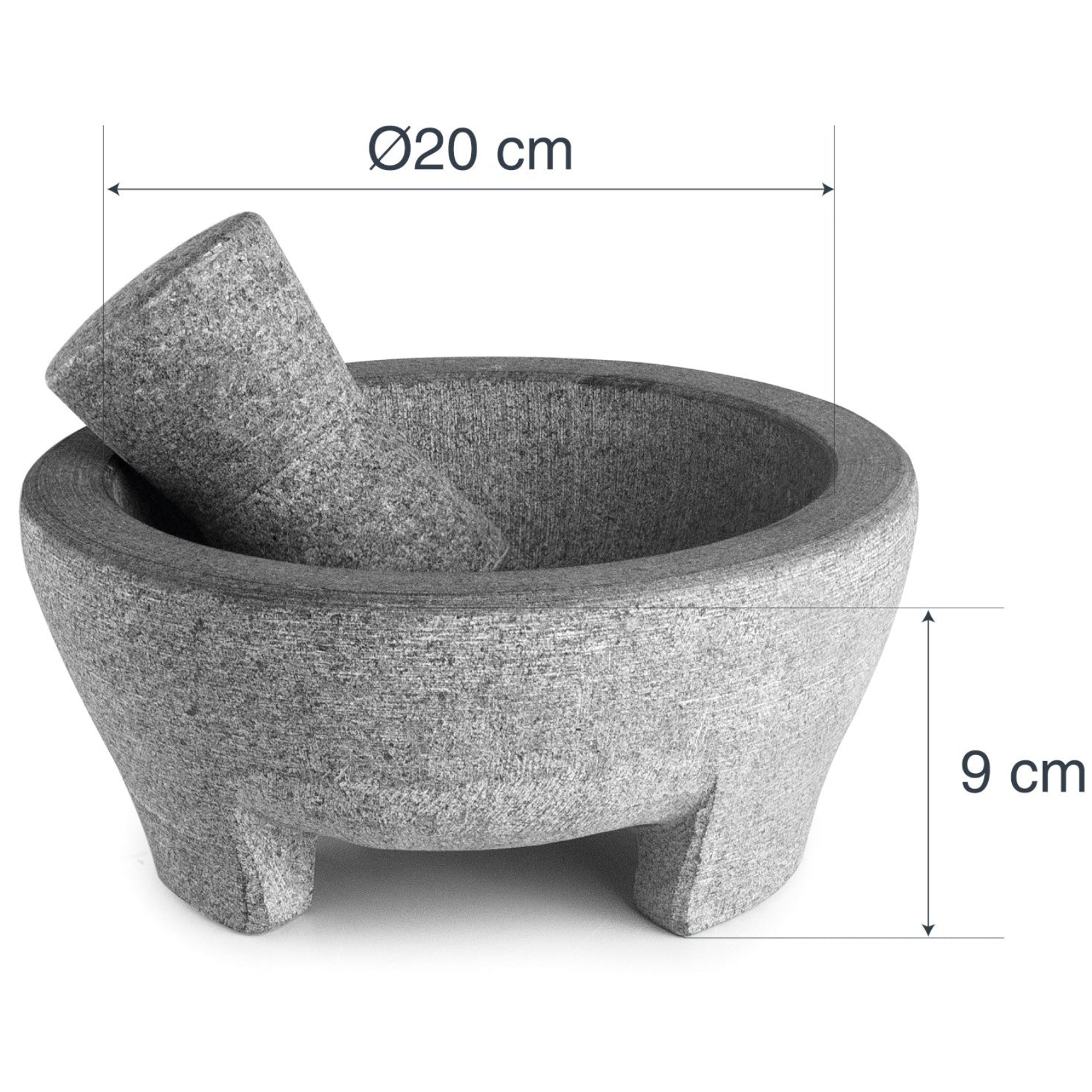 Molcajete mexicano preparando guacamole - Mortero granito natural con mano piedra